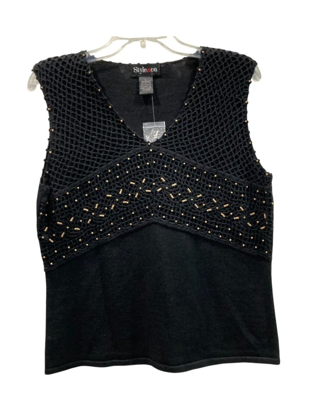 Vintage Y2K Crochet Tank Top L Black Beaded Whimsygoth Fairy Grunge Festival
